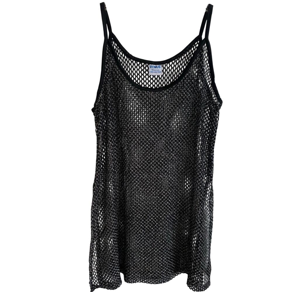 Venus Womens One Size Swim Suit Cover Black Metallic Silver Mesh Tank Dress